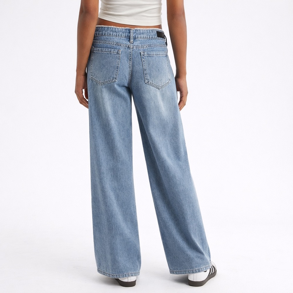 PTCL Pearl Waist Wide Leg Jeans 26 Low Rise Y2K Denim Cotton Blue - Picture 7 of 12